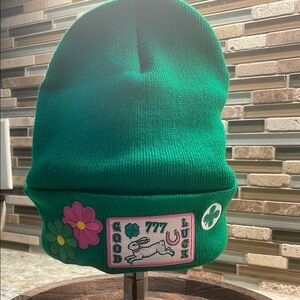 NWOT Emerald Green Beanie with Colorful Patches for St. Patrick’s Day ☘️